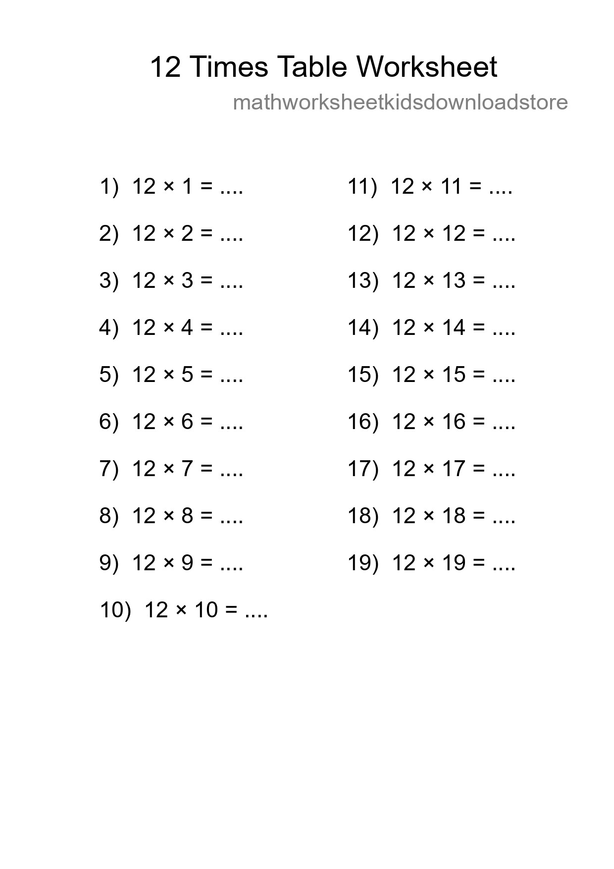 12 Times Table Worksheet For Grade 4 - Part 141