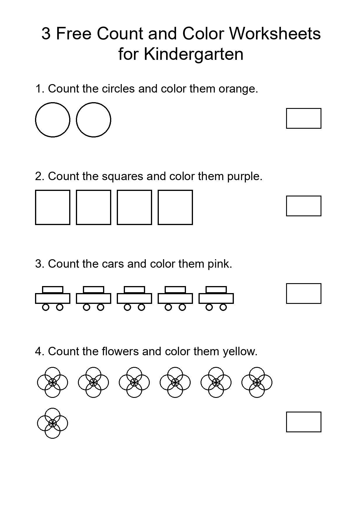 3 Free Count and Color Worksheets for Kindergarten