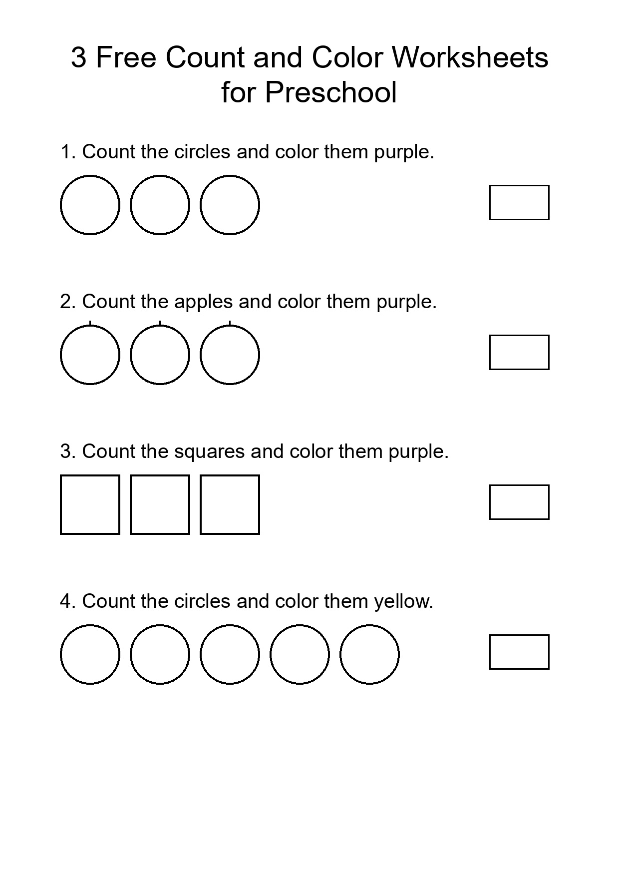 3 Free Count and Color Worksheets for Preschool