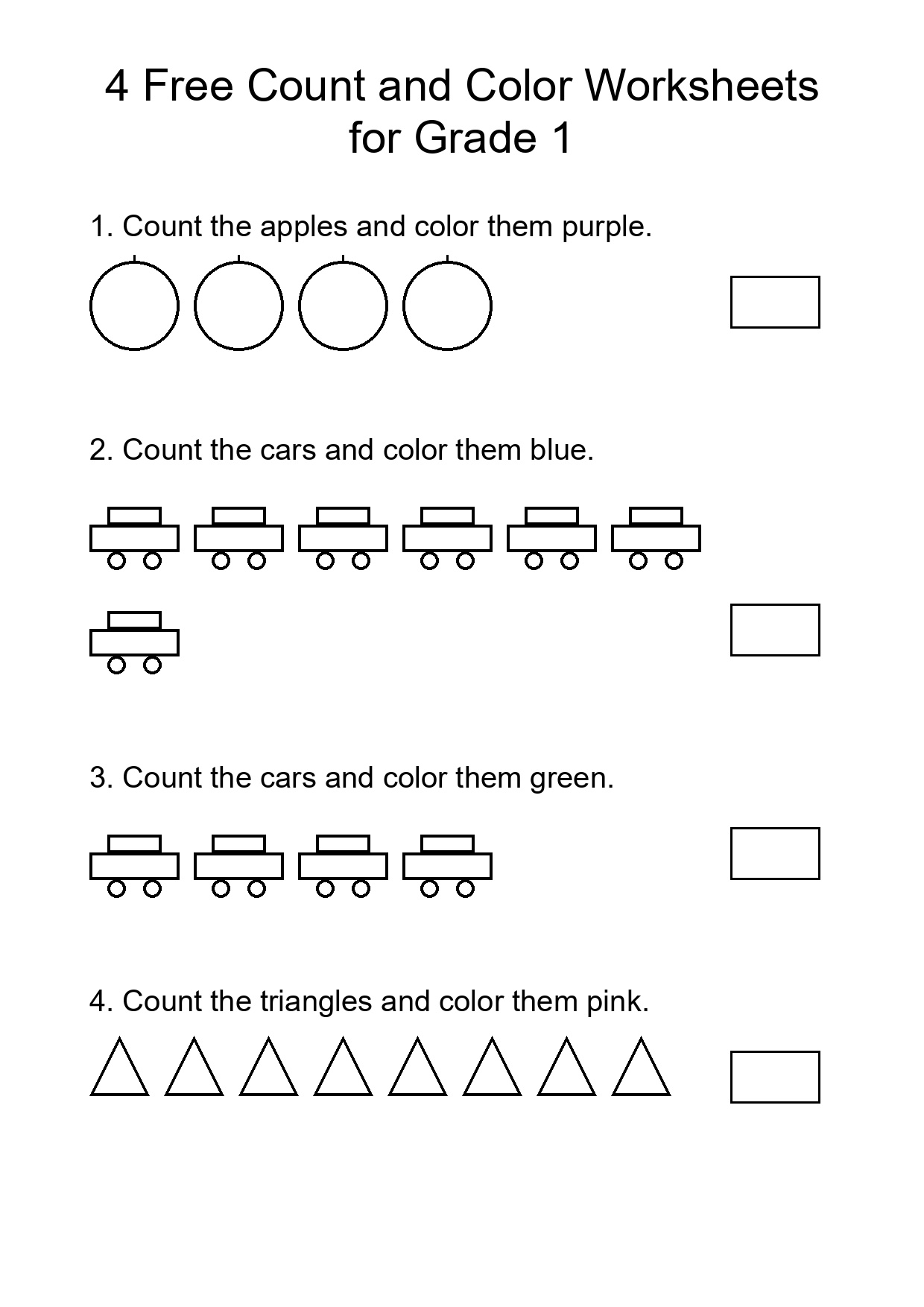 4 Free Count and Color Worksheets for Grade 1