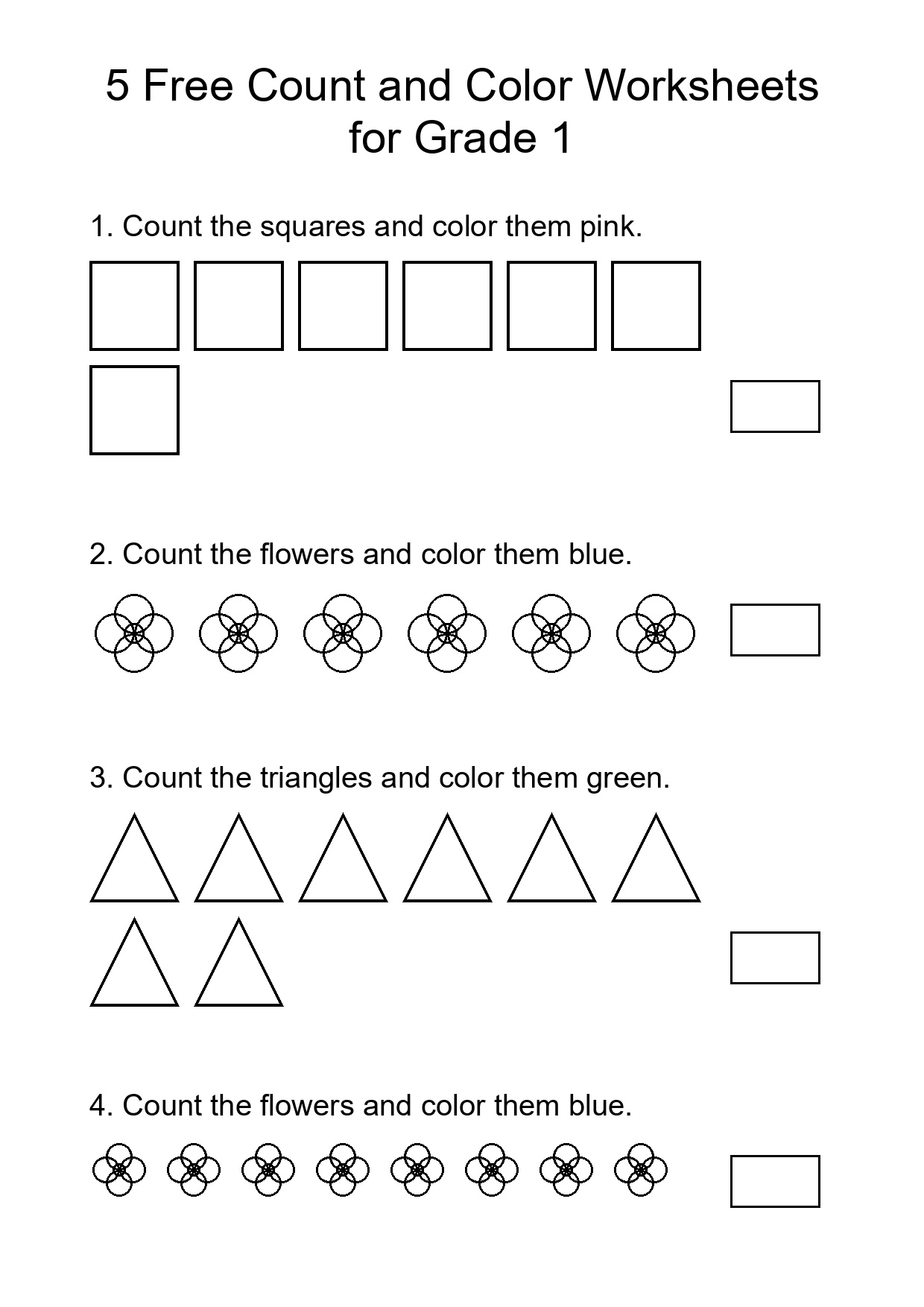 5 Free Count and Color Worksheets for Grade 1
