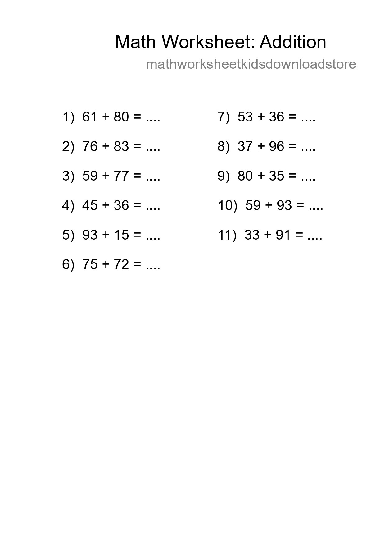 Free 11 Addition Math Worksheet For Grade 3 - Part 100