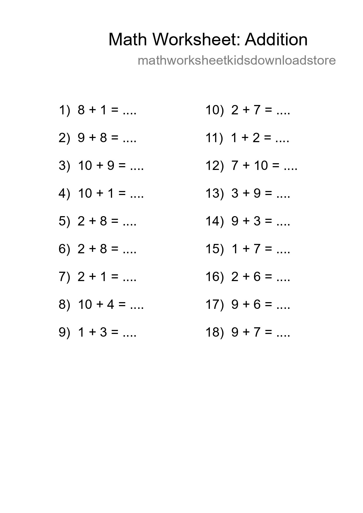 Free 18 Addition Math Worksheet For Grade 1 With Answers - Part 23