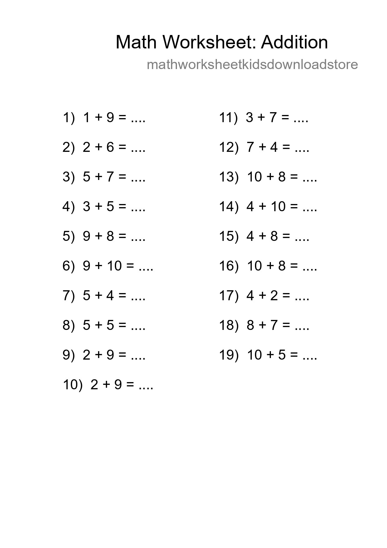 Free 19 Addition Math Worksheet For Grade 1 - Part 89