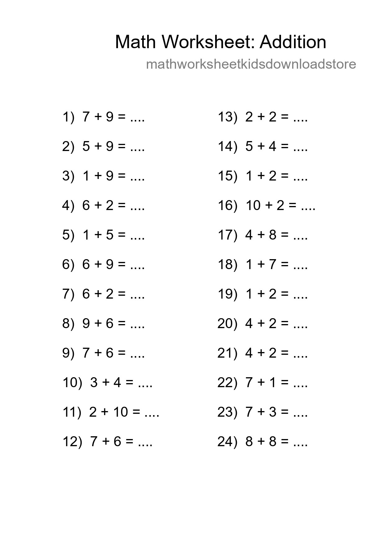 Free 24 Addition Math Worksheet For Grade 1 - Part 67