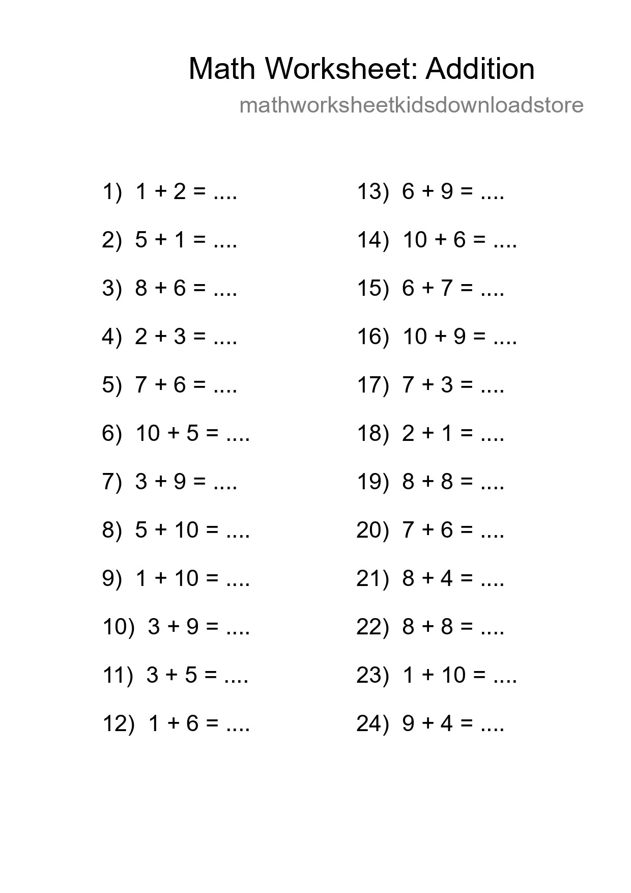 Free 24 Addition Math Worksheet For Grade 1 With Answers - Part 45