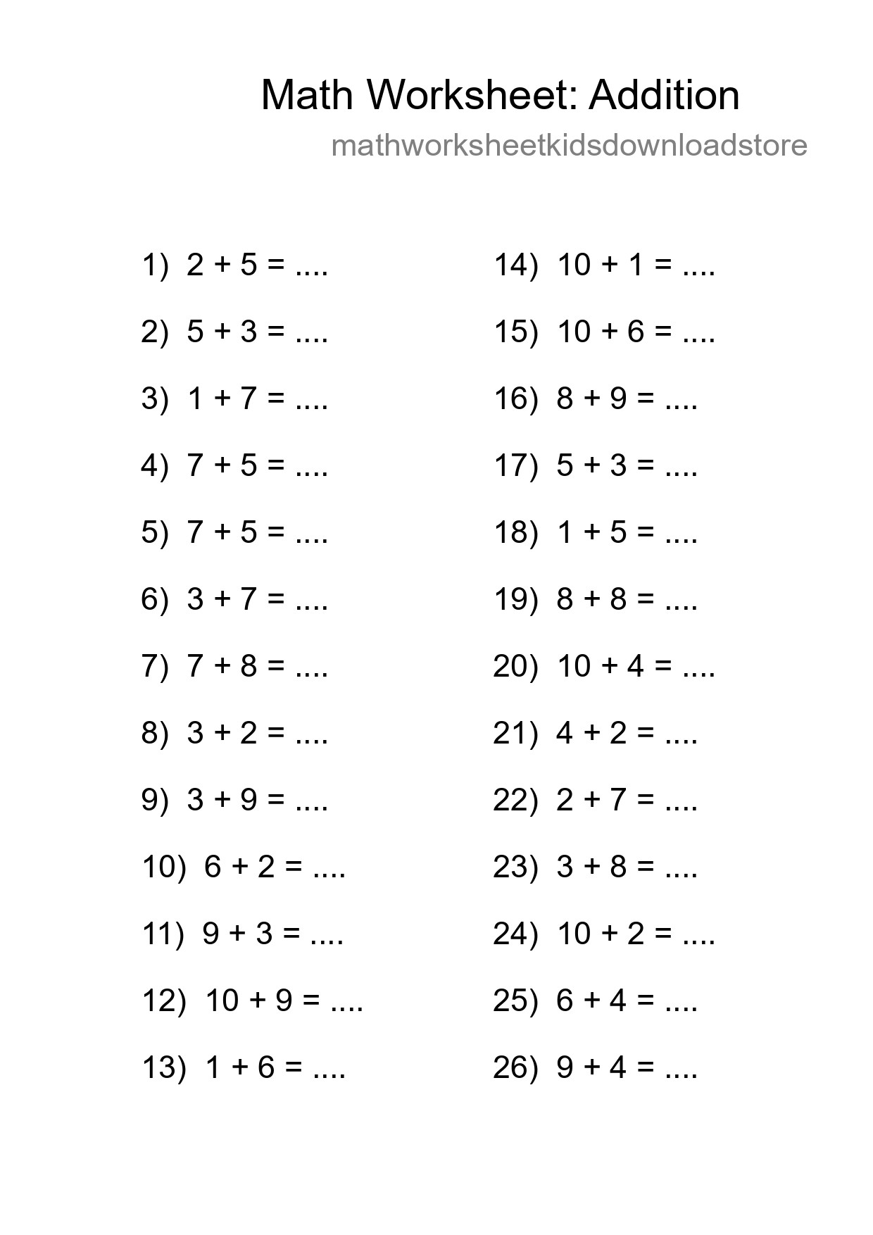 Free 26 Addition Math Worksheet For Grade 1 - Part 12