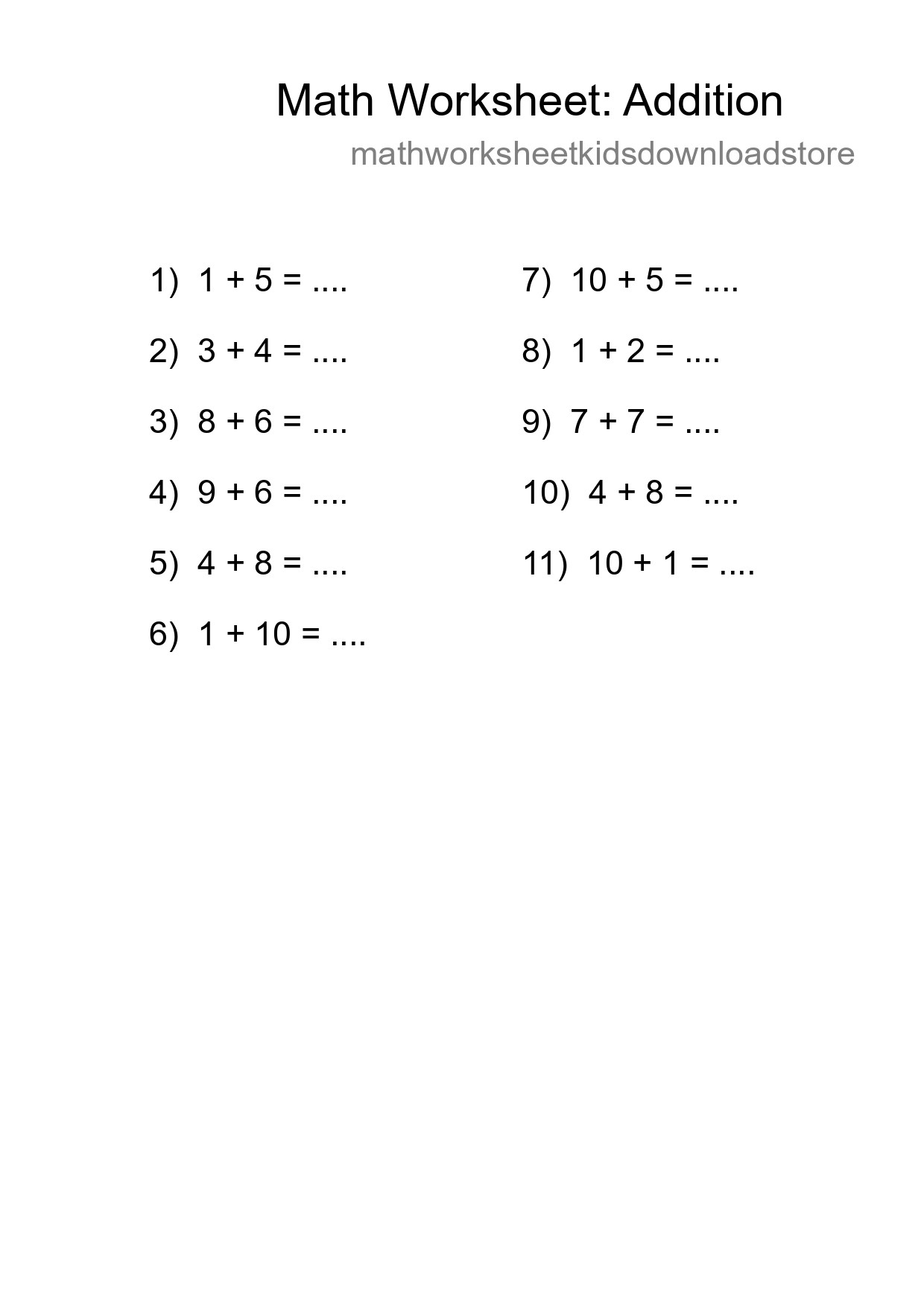 Grade 1 Addition Practice Worksheet (11 Problems) - Part 166