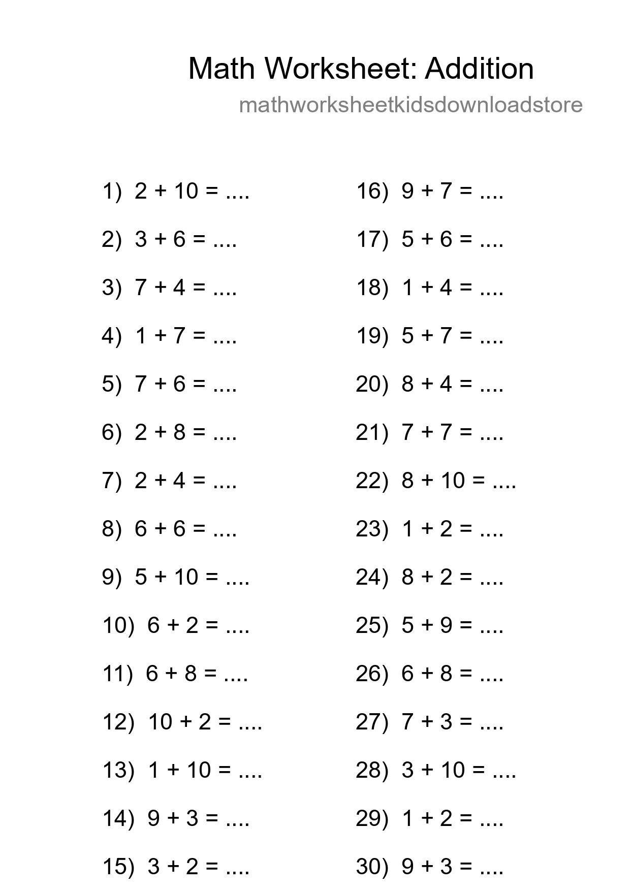 Grade 1 Addition Practice Worksheet (30 Problems) - Part 78