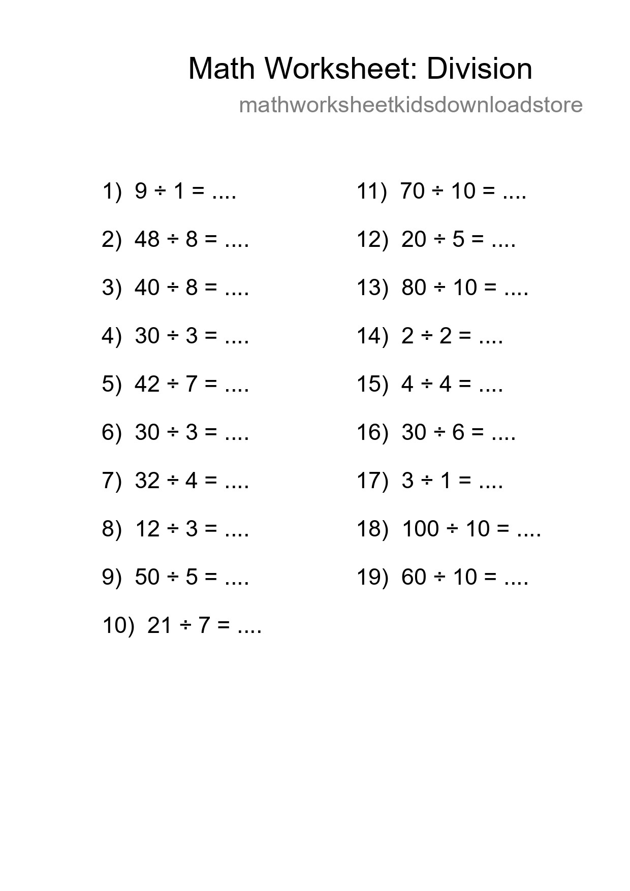 Grade 1 Division Practice Worksheet (19 Problems) - Part 70
