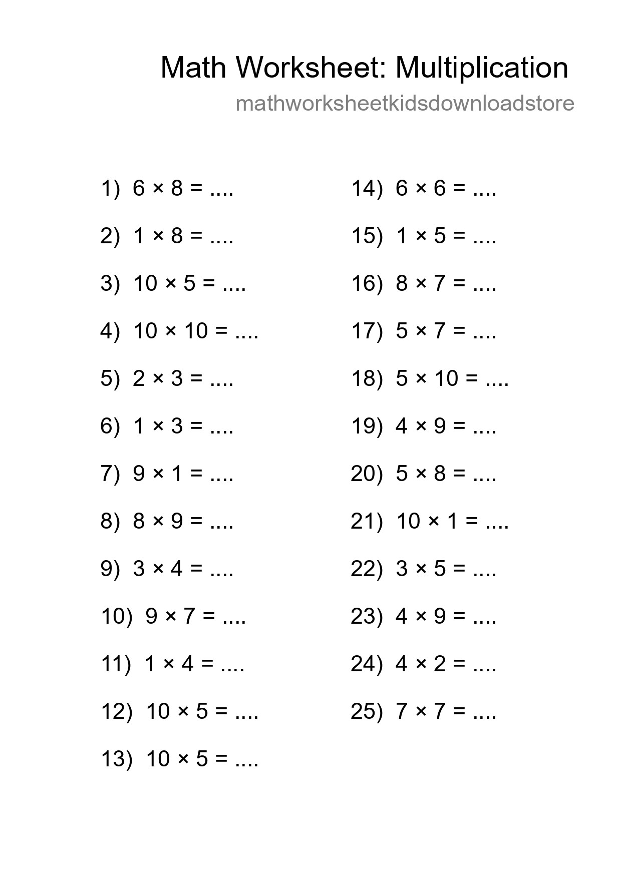 Grade 1 Multiplication Practice Worksheet (25 Problems) - Part 183