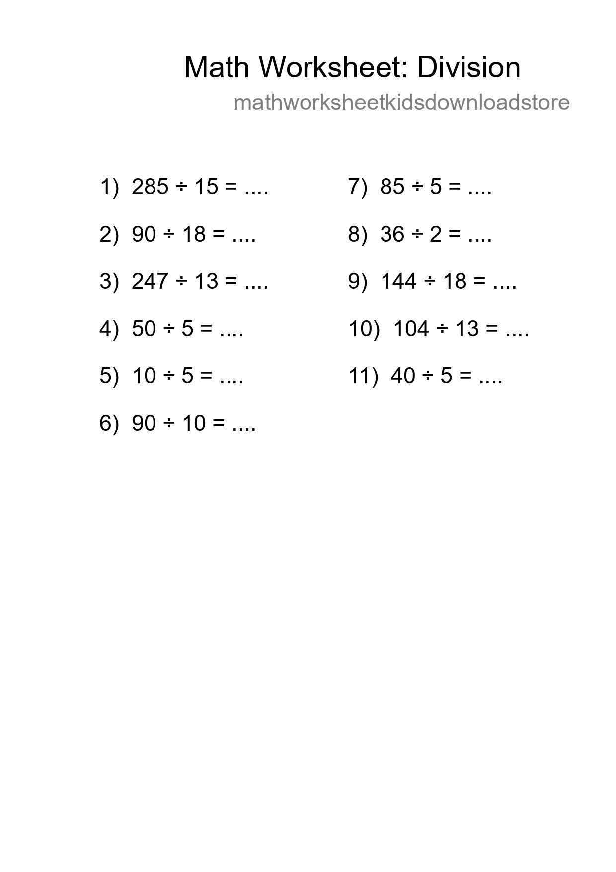 Grade 2 Division Practice Worksheet (11 Problems) - Part 114
