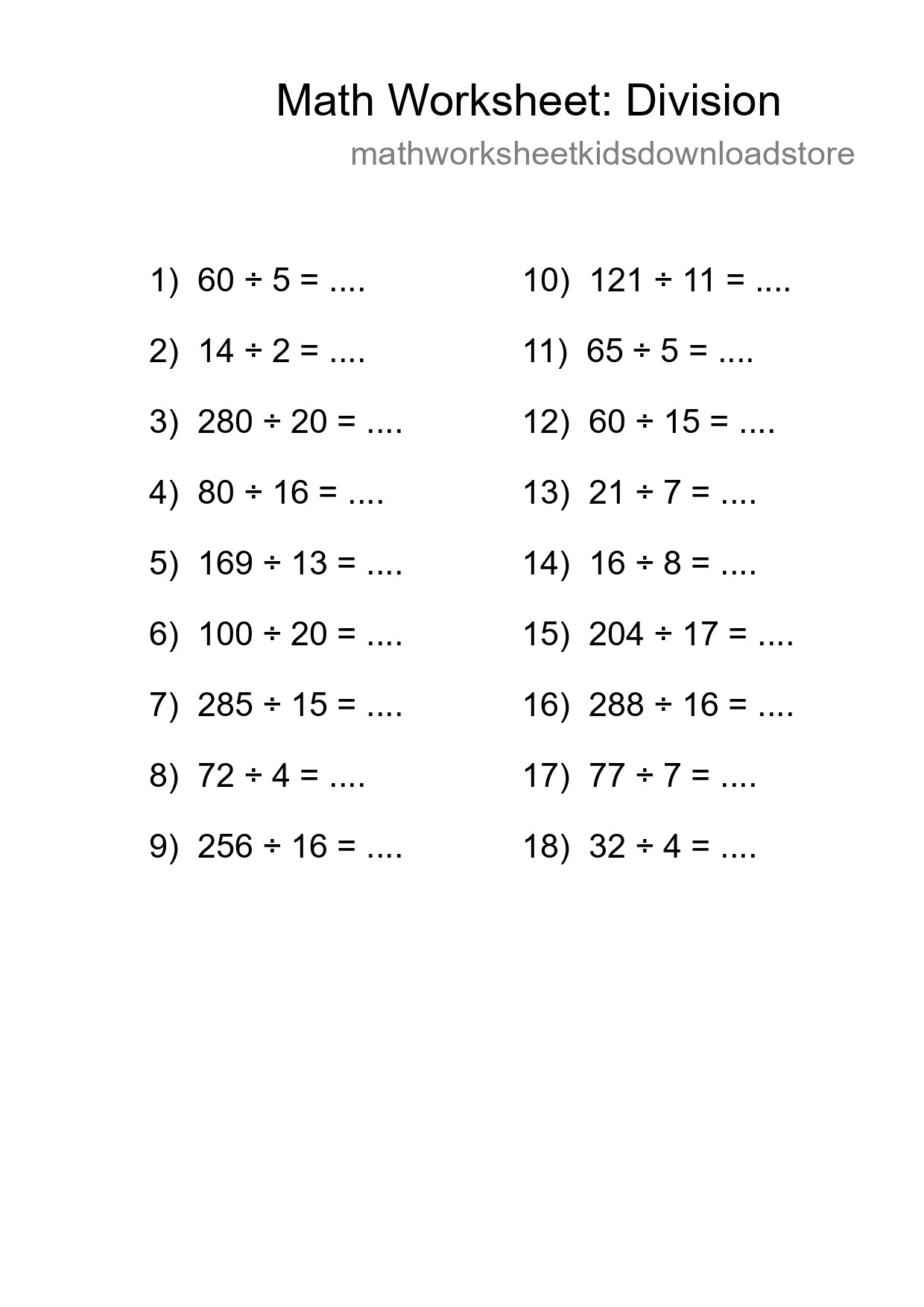 Grade 2 Division Practice Worksheet (18 Problems) - Part 202