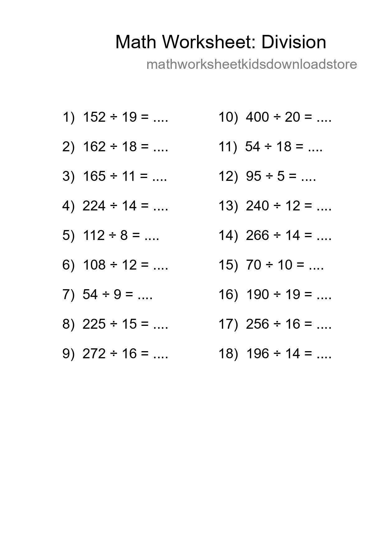 Grade 2 Division Practice Worksheet (18 Problems) - Part 4