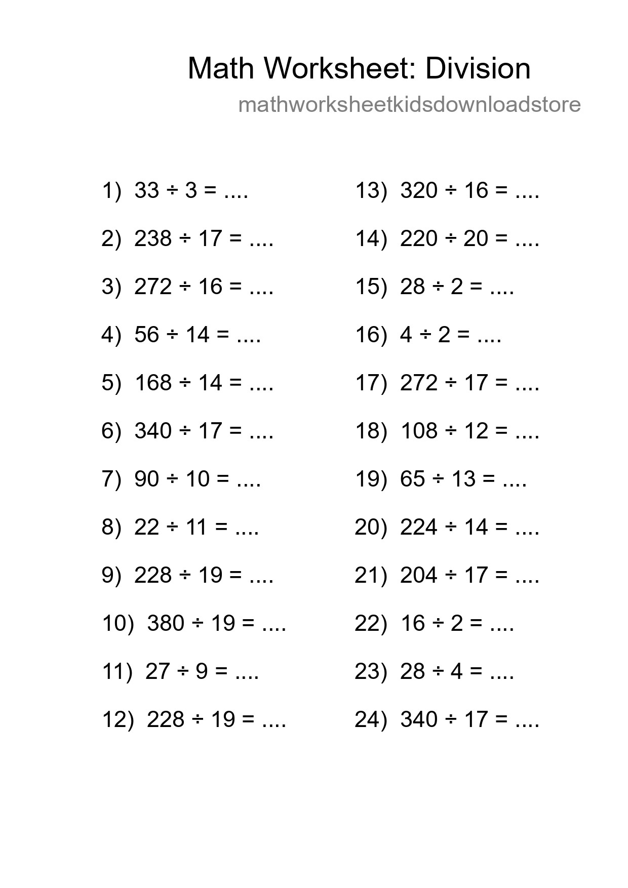 Grade 2 Division Practice Worksheet (24 Problems) - Part 26