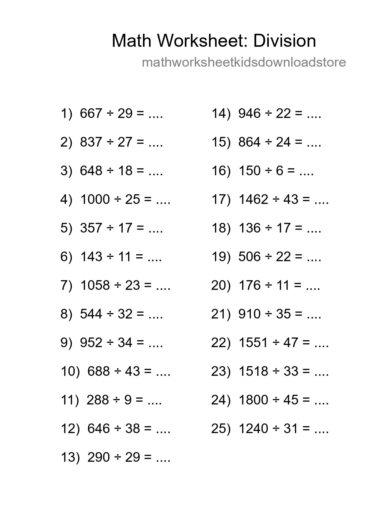 Grade 2 Division Practice Worksheet (25 Problems) - Part 125