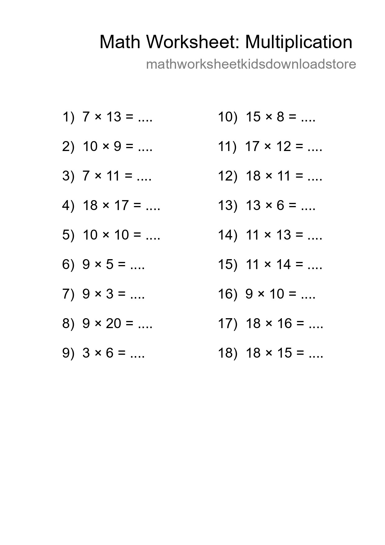 Grade 2 Multiplication Practice Worksheet (18 Problems) - Part 139