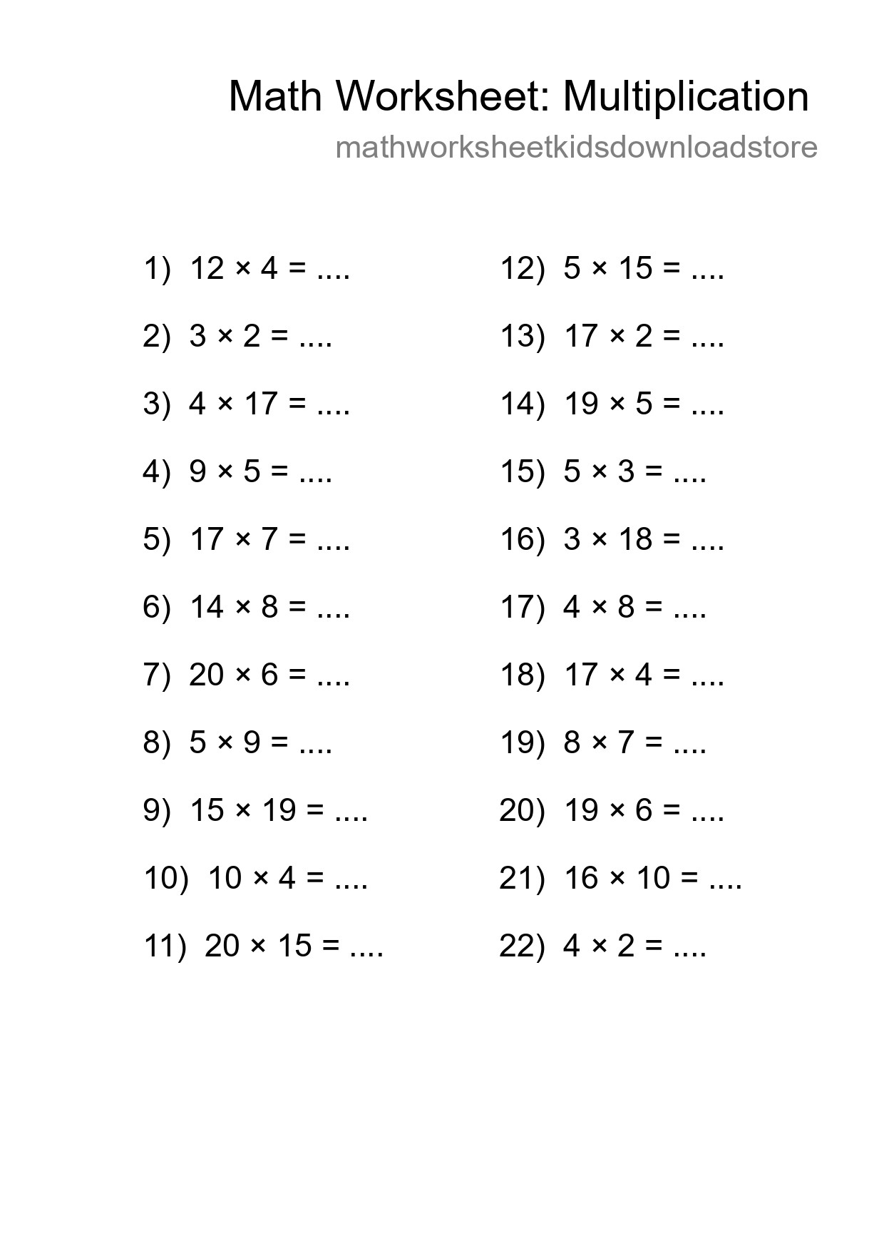Grade 2 Multiplication Practice Worksheet (22 Problems) - Part 238
