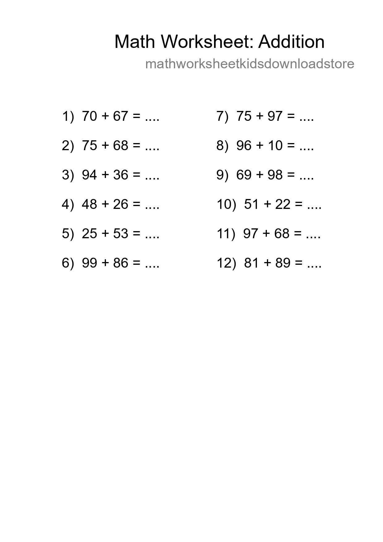 Grade 3 Addition Practice Worksheet (12 Problems) - Part 122