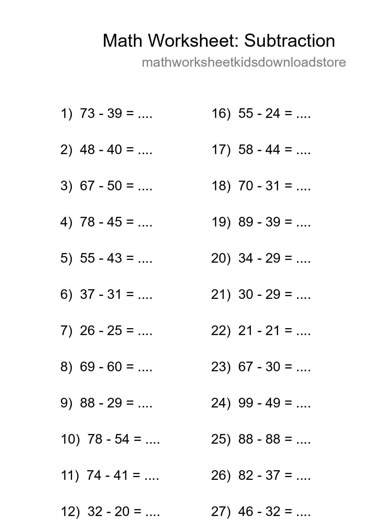 Grade 3 Subtraction Practice Worksheet (30 Problems) - Part 151