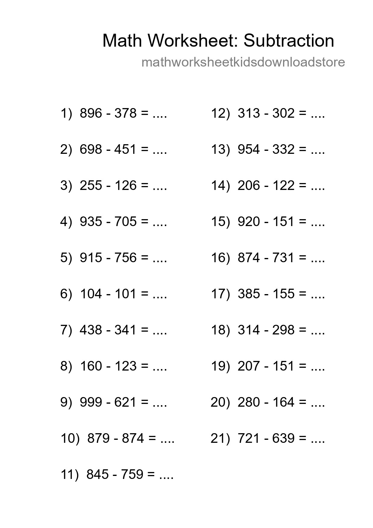 Grade 5 Subtraction Practice Worksheet (21 Problems) - Part 118