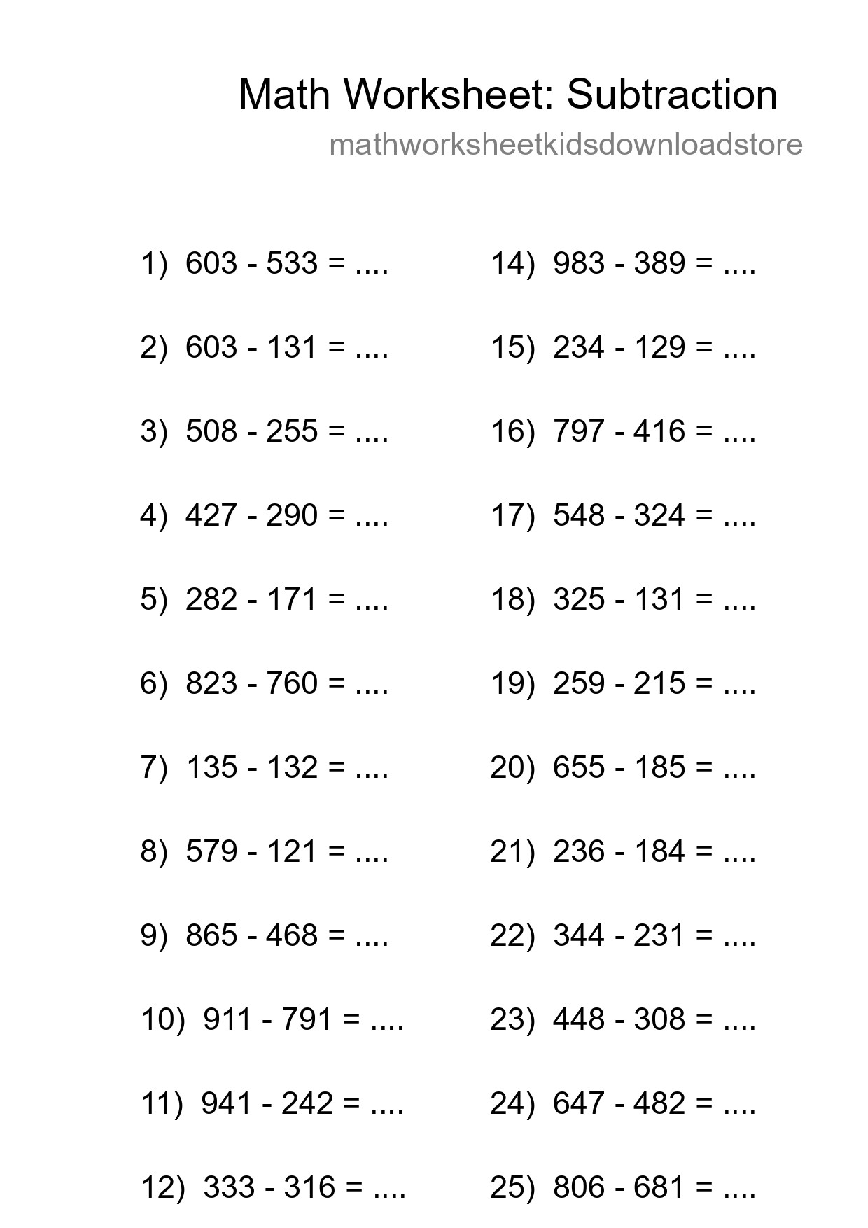 Grade 5 Subtraction Practice Worksheet (25 Problems) - Part 206