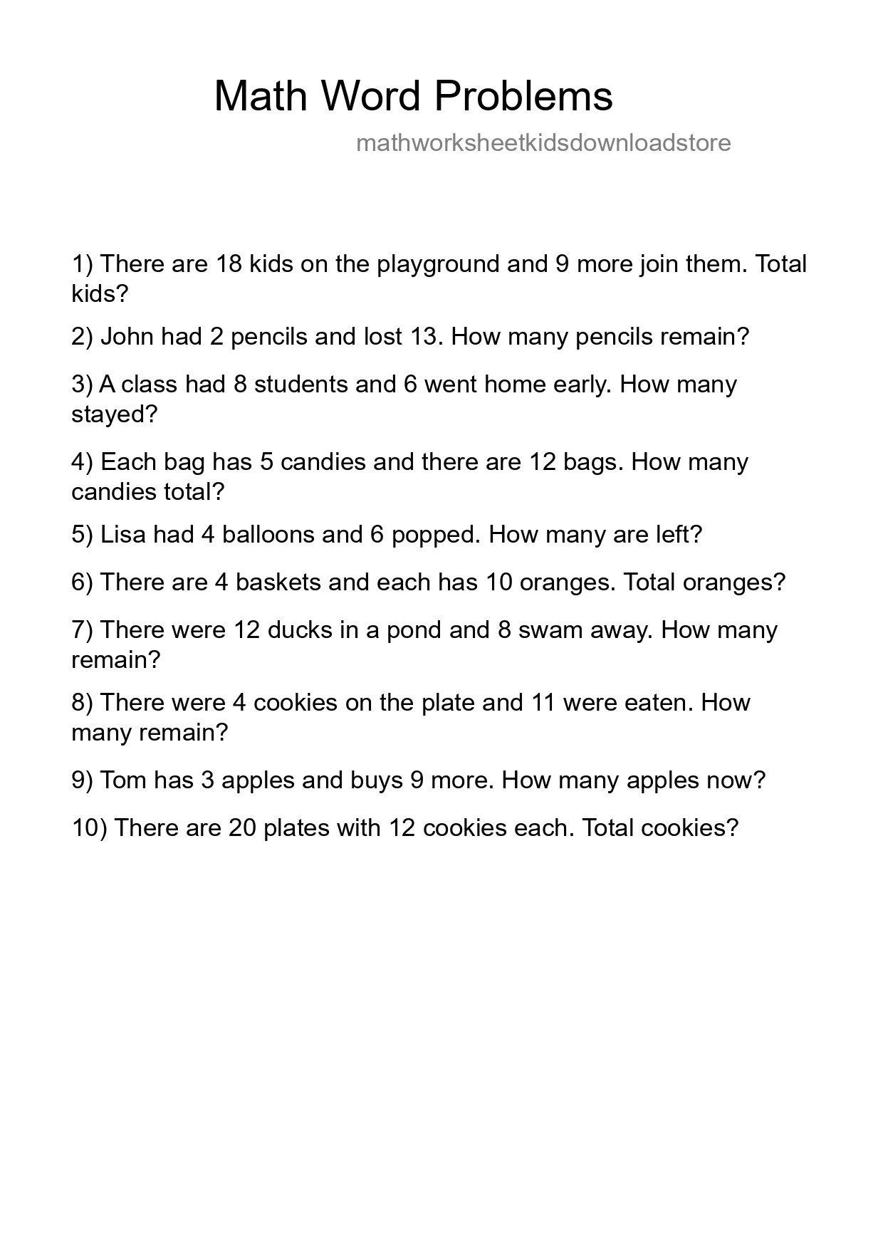 Math Word Problem Worksheet