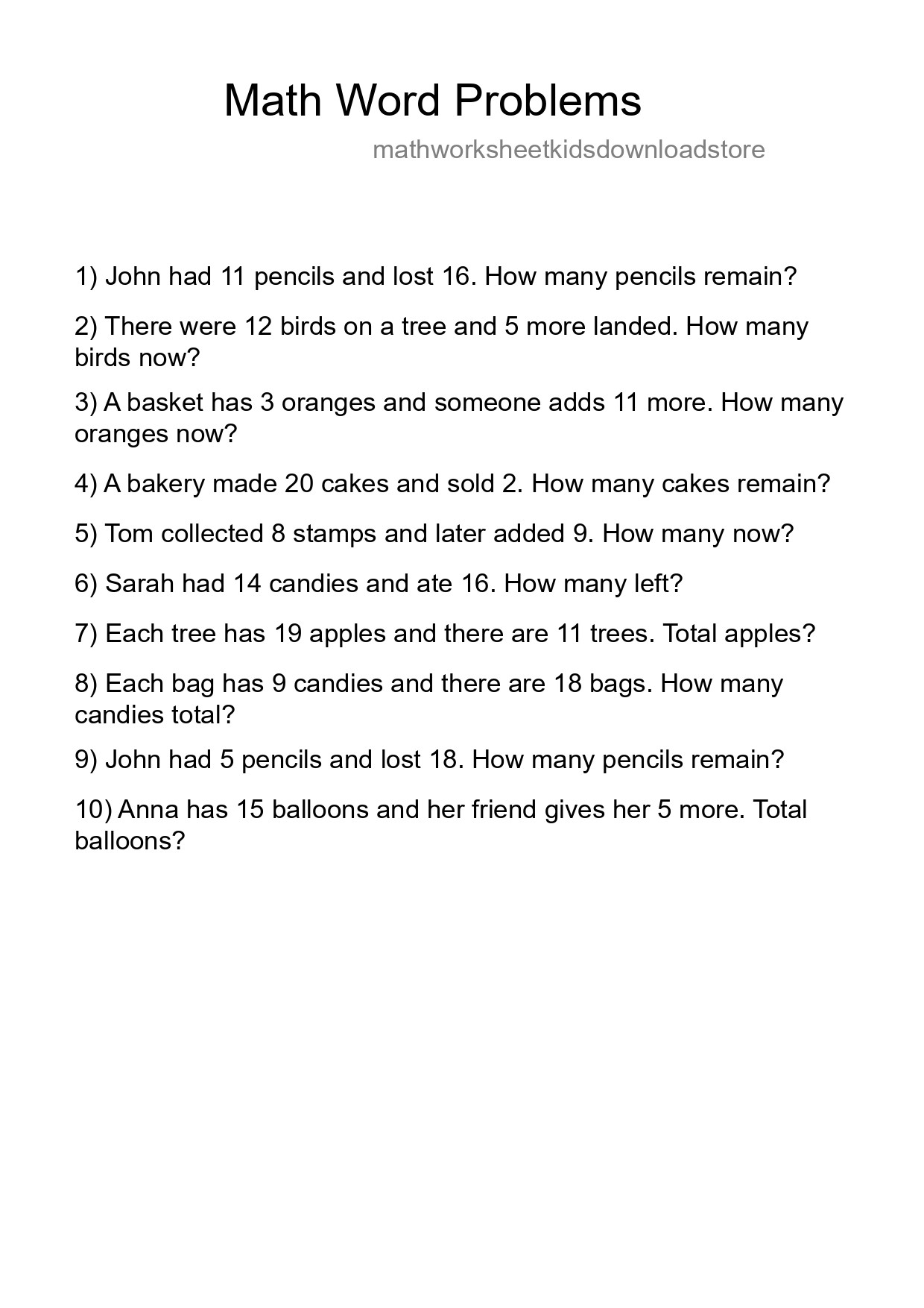 Math Word Problem Worksheet
