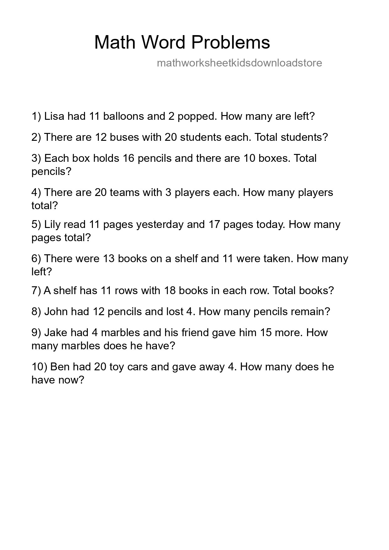 Math Word Problem Worksheet