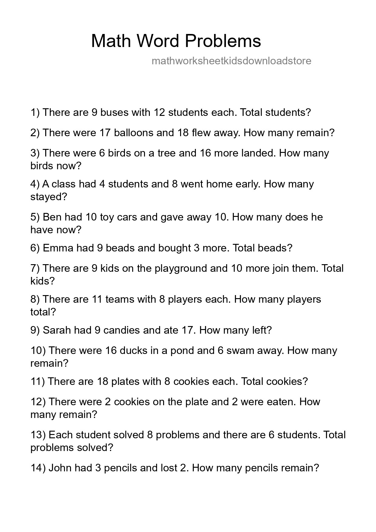 Math Word Problem Worksheet
