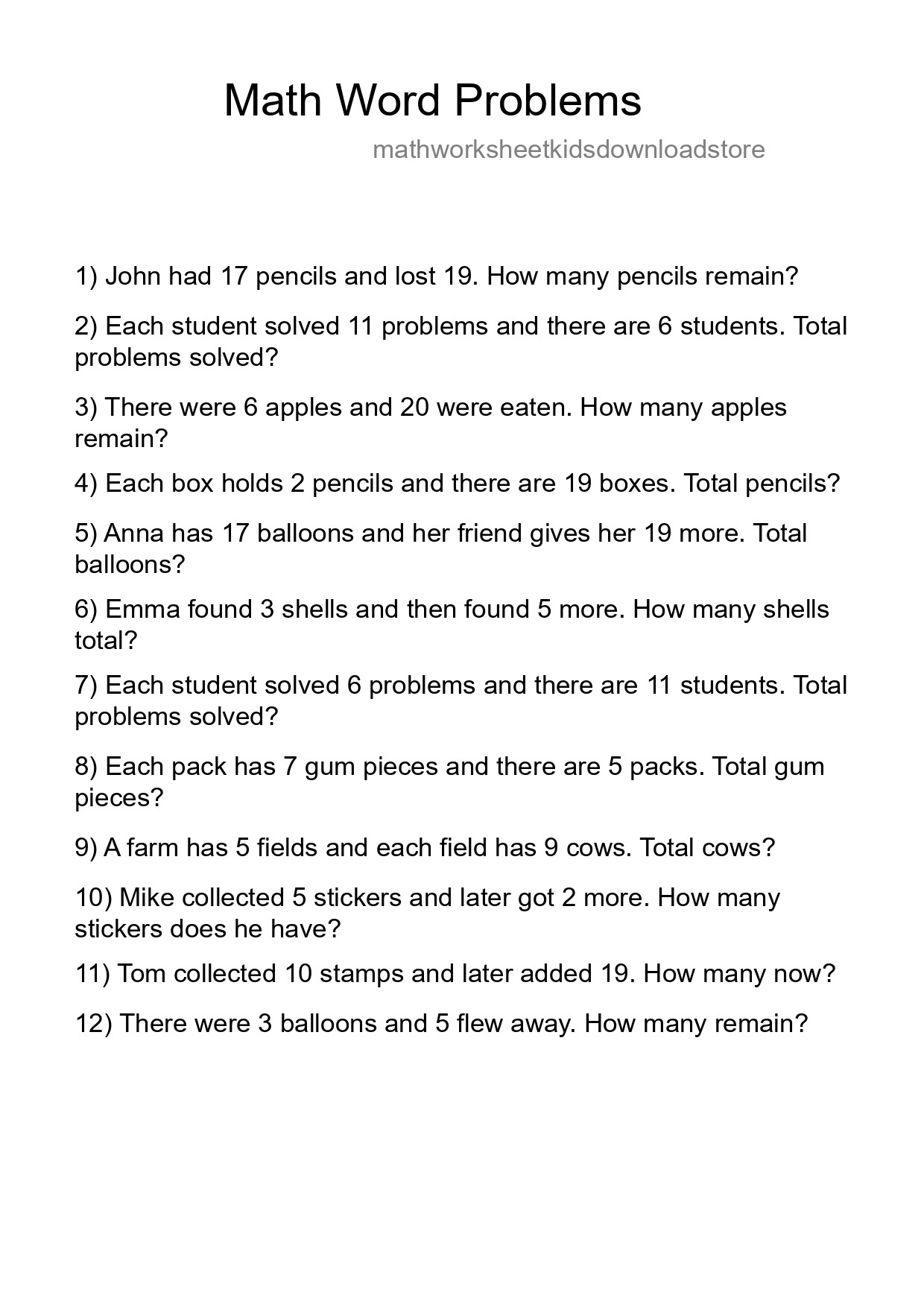 Math Word Problem Worksheet