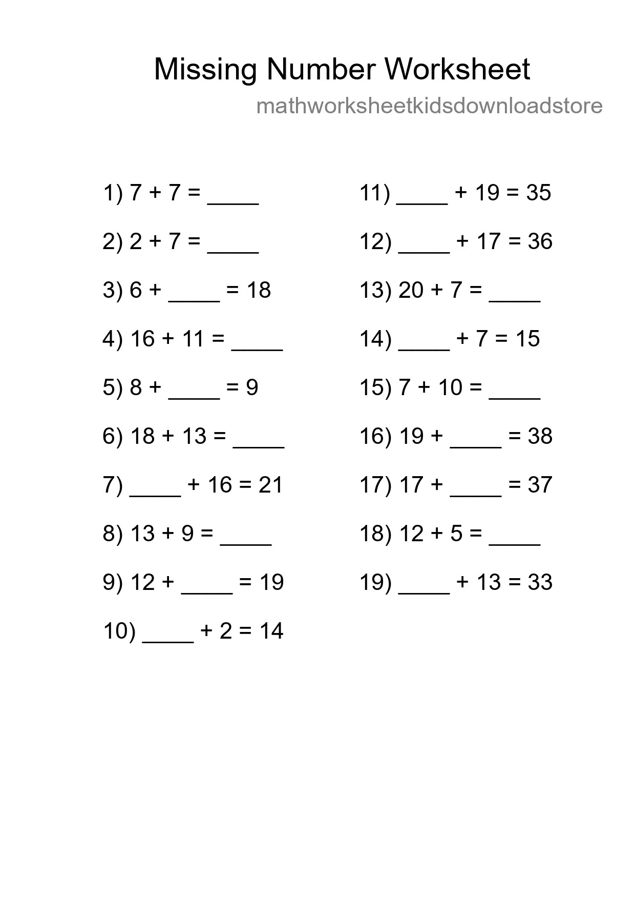 Missing Number Math Worksheet