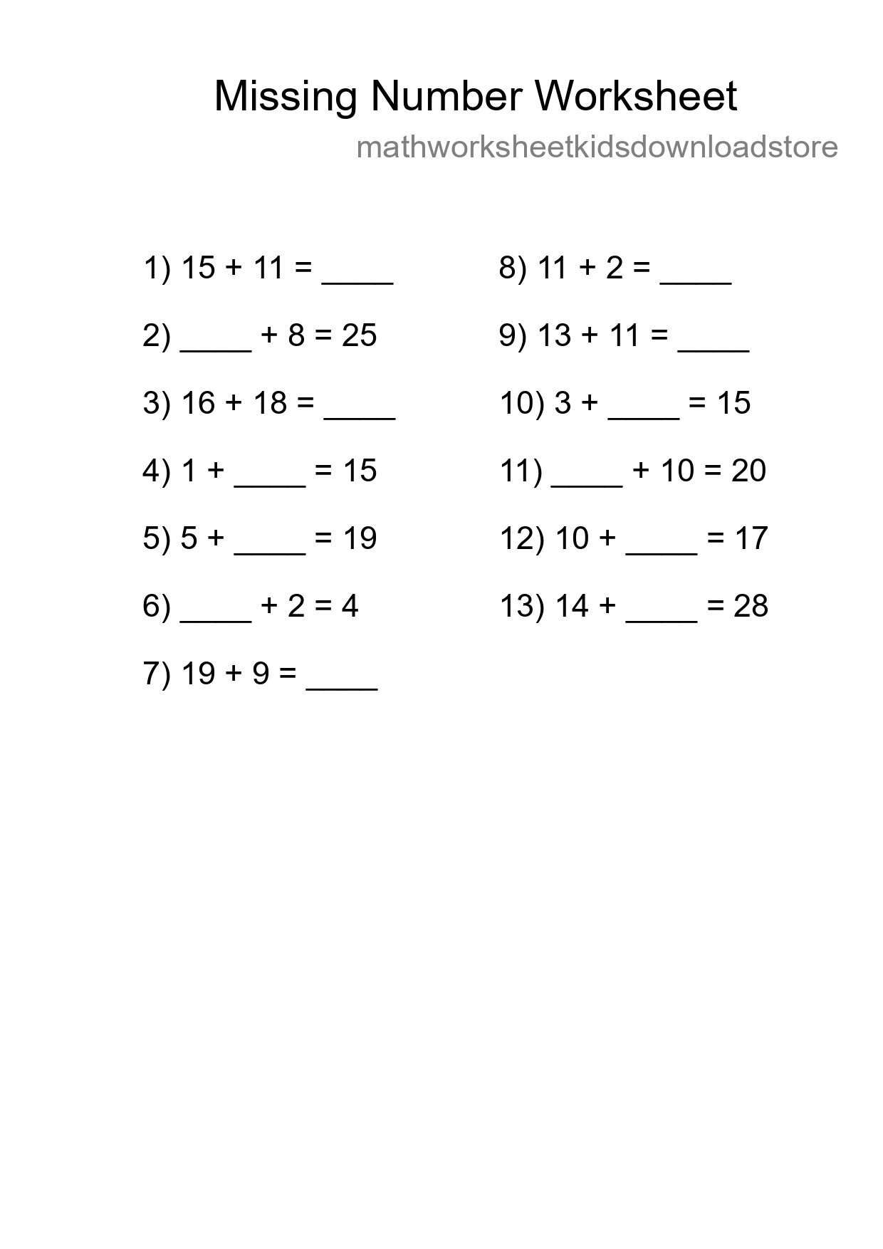 Missing Number Math Worksheet