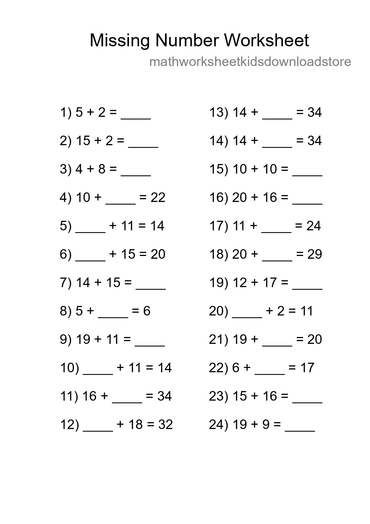 Missing Number Math Worksheet