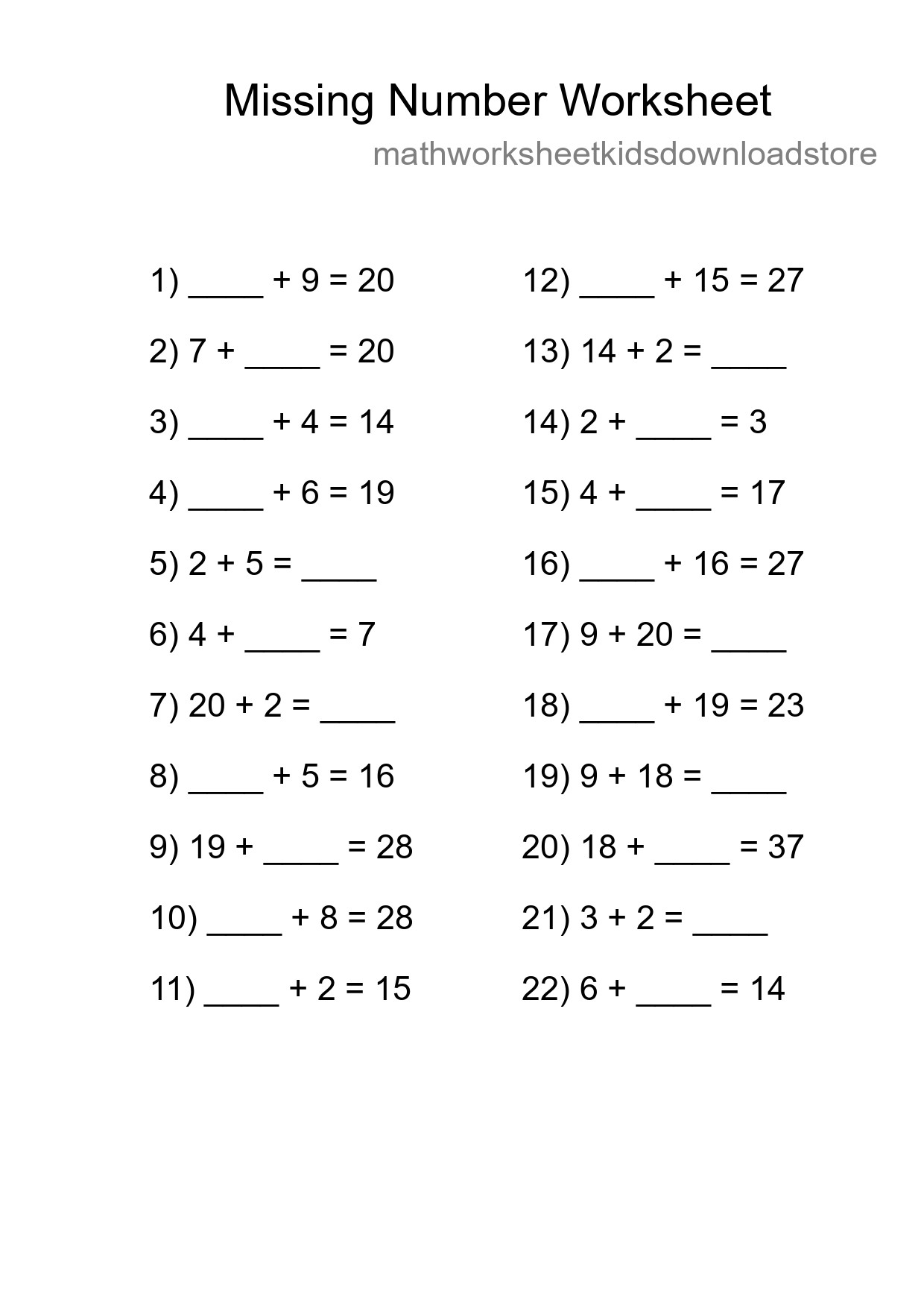Missing Number Math Worksheet