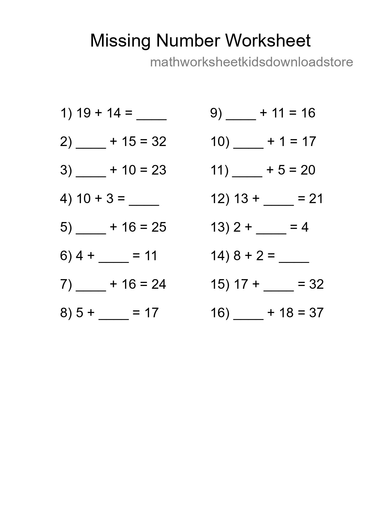 Missing Number Math Worksheet