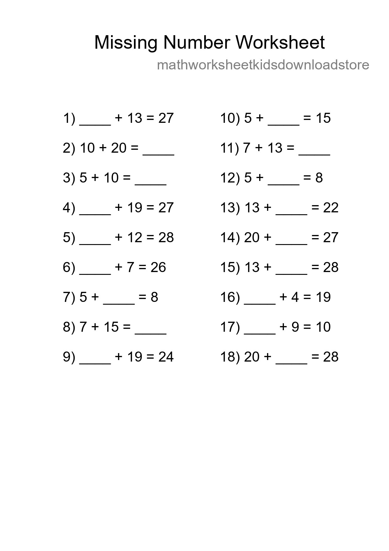 Missing Number Math Worksheet