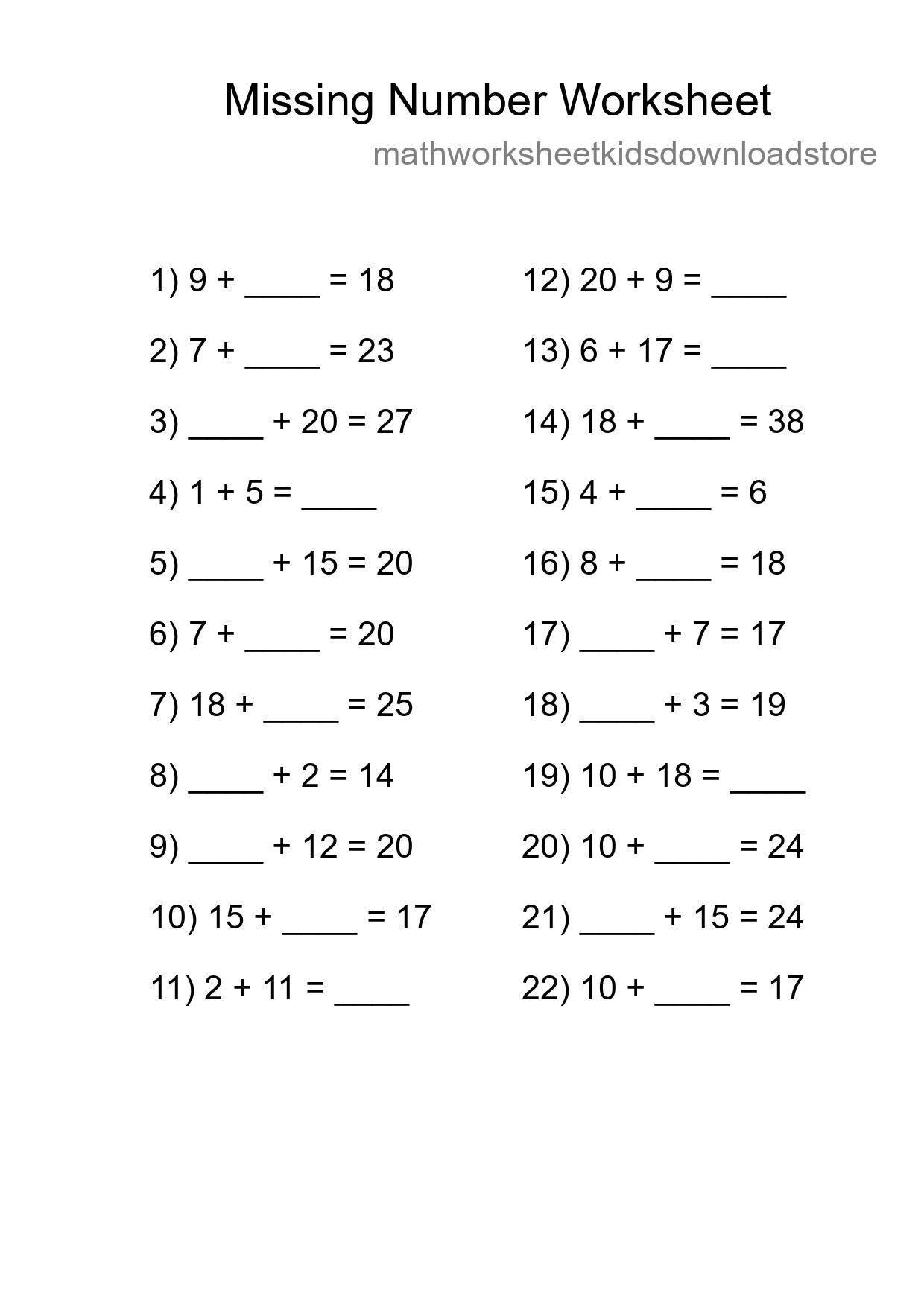 Missing Number Math Worksheet