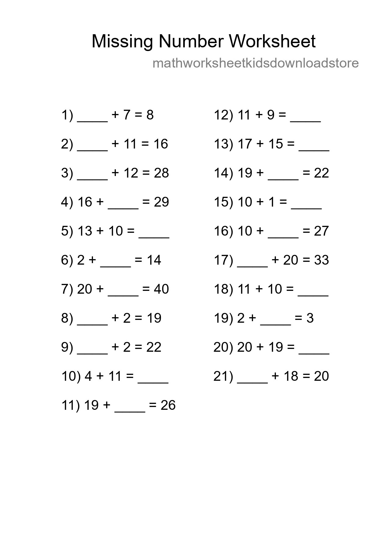 Missing Number Math Worksheet