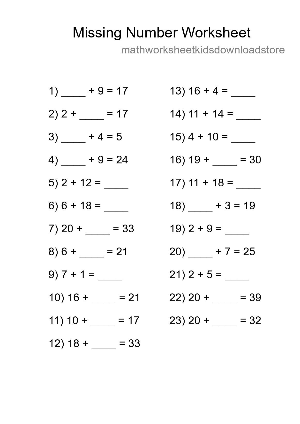 Missing Number Math Worksheet
