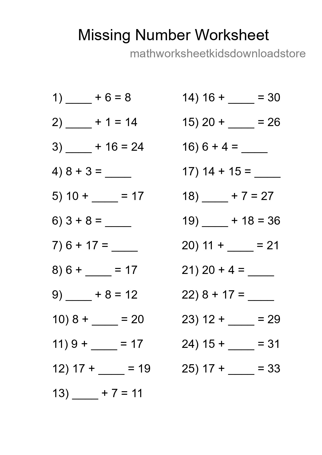Missing Number Math Worksheet