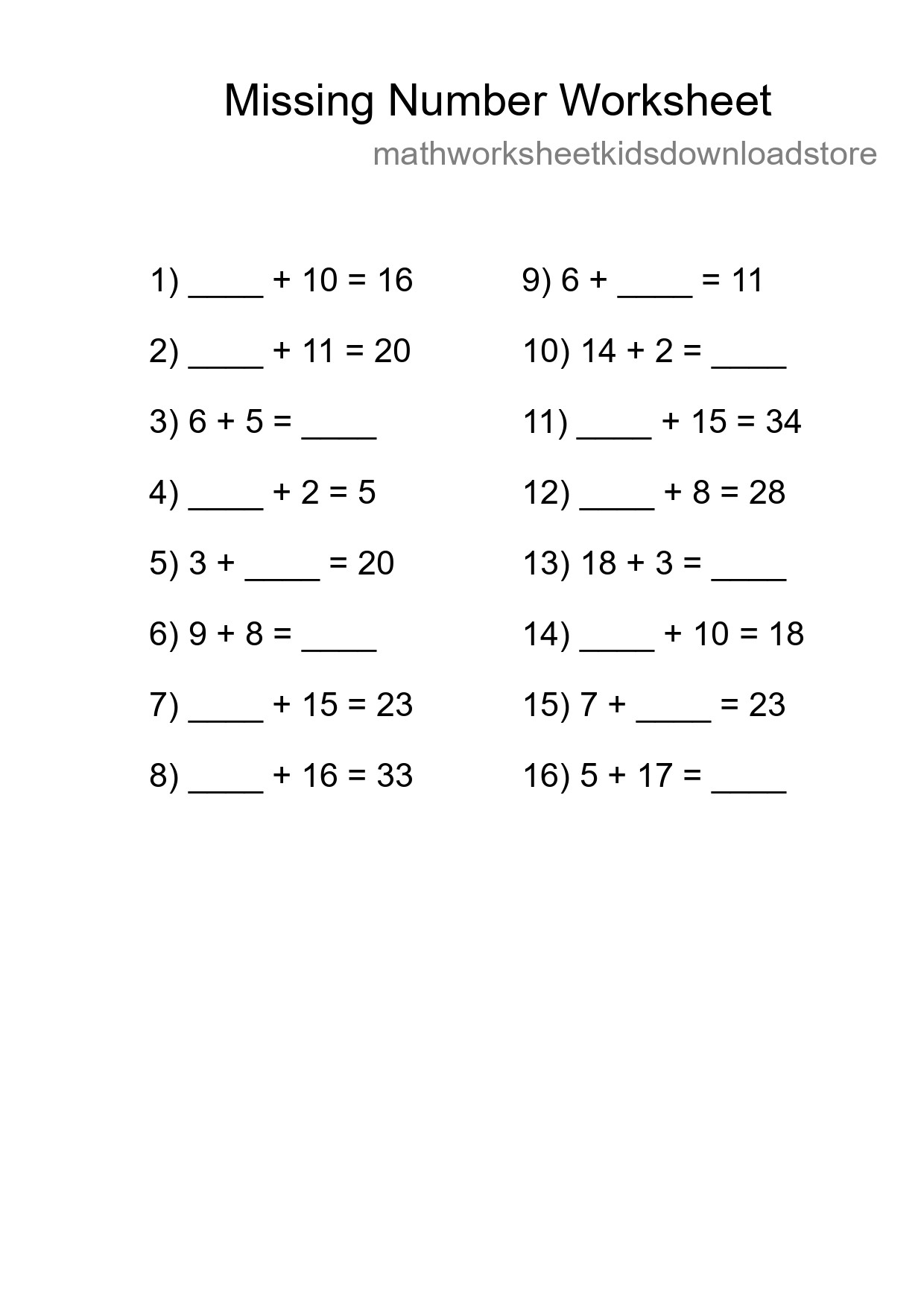 Missing Number Math Worksheet