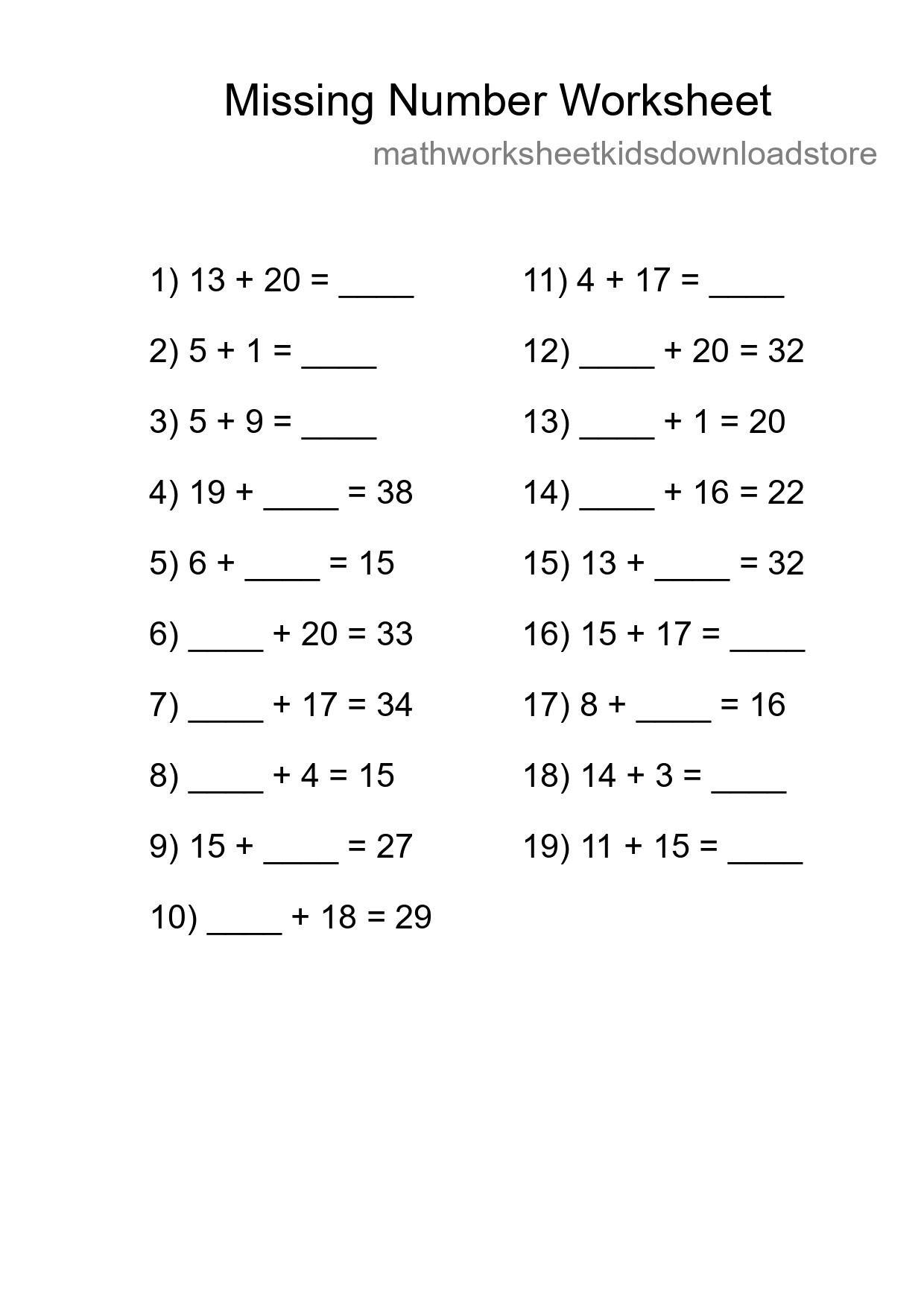 Missing Number Math Worksheet