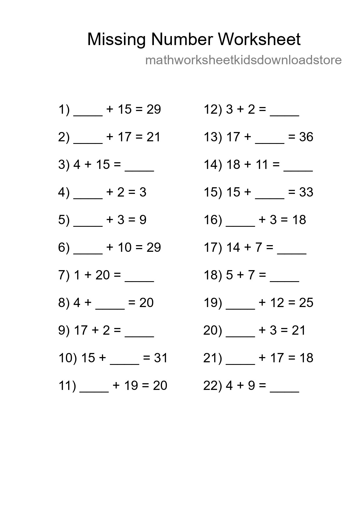 Missing Number Math Worksheet
