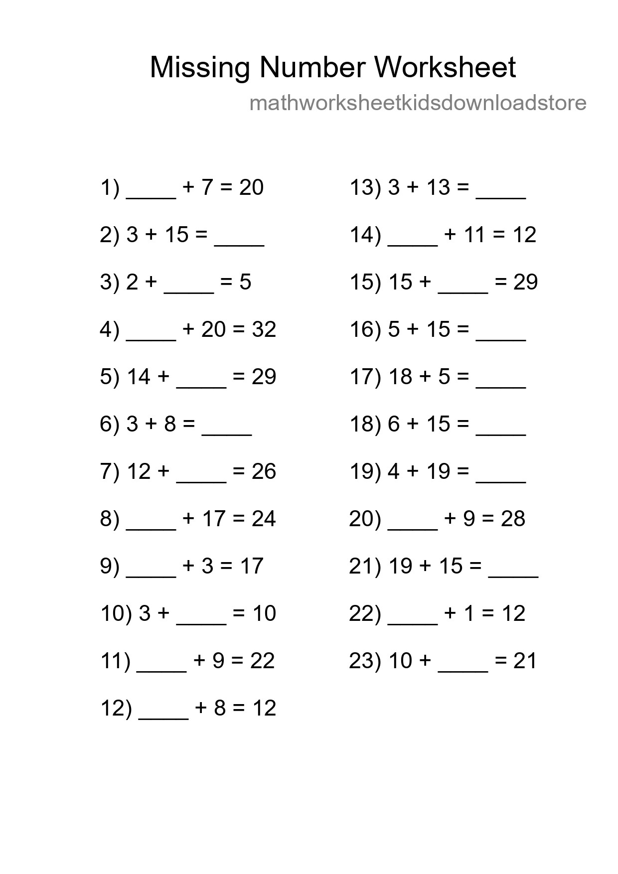 Missing Number Math Worksheet