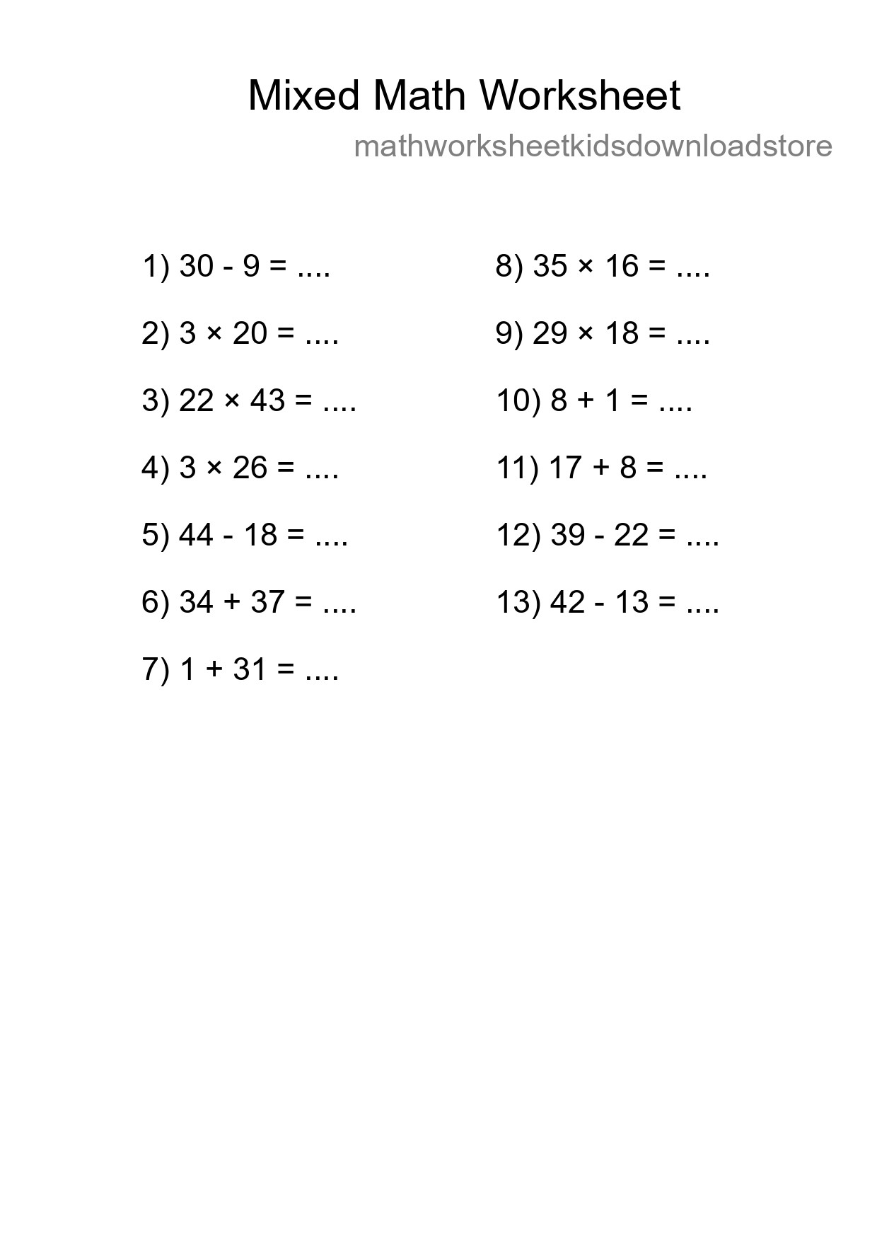 Mixed Operations Math Worksheet
