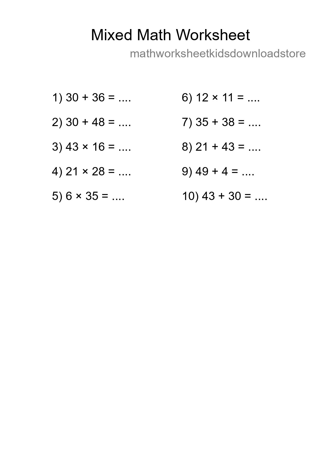 Mixed Operations Math Worksheet