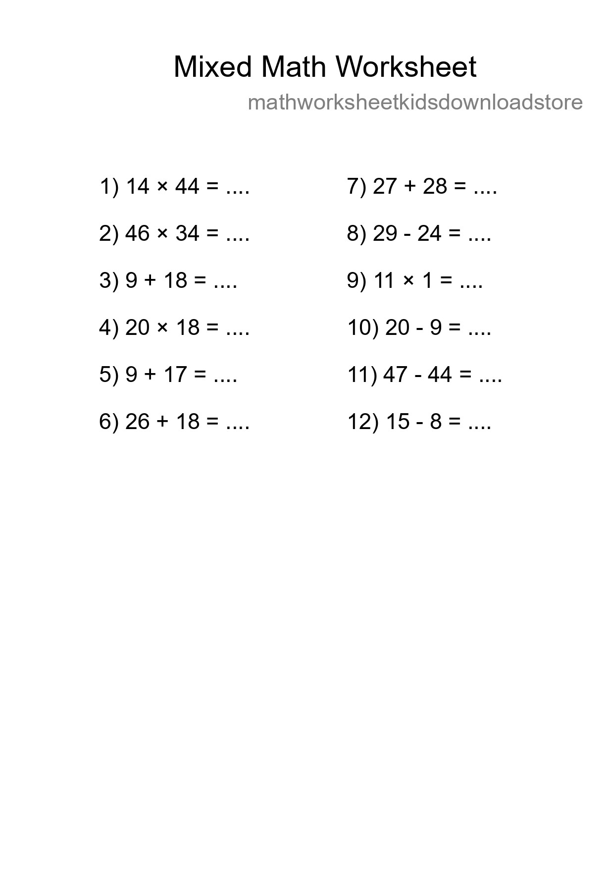 Mixed Operations Math Worksheet