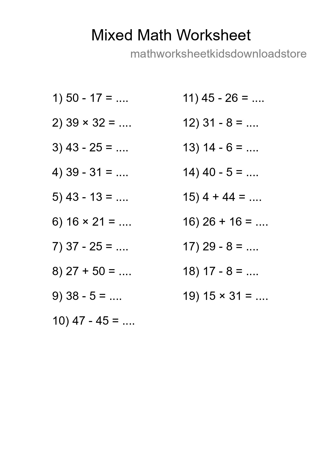 Mixed Operations Math Worksheet
