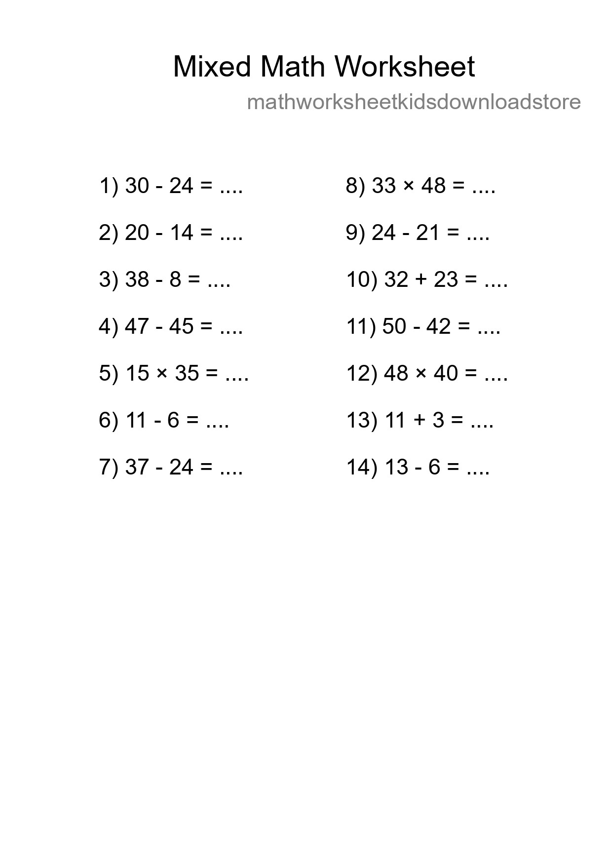 Mixed Operations Math Worksheet